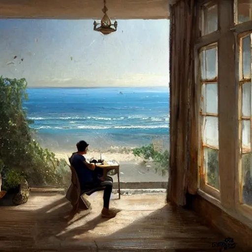 Prompt: a painting of a man sitting down and having a cup of tea in his house by the beach, by greg rutkowski, b - - width 7 6 8