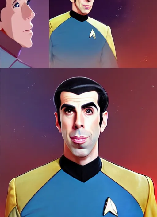 Image similar to cute star trek officer sacha baron cohen, natural lighting, path traced, highly detailed, high quality, digital painting, by don bluth and ross tran and studio ghibli and alphonse mucha, artgerm