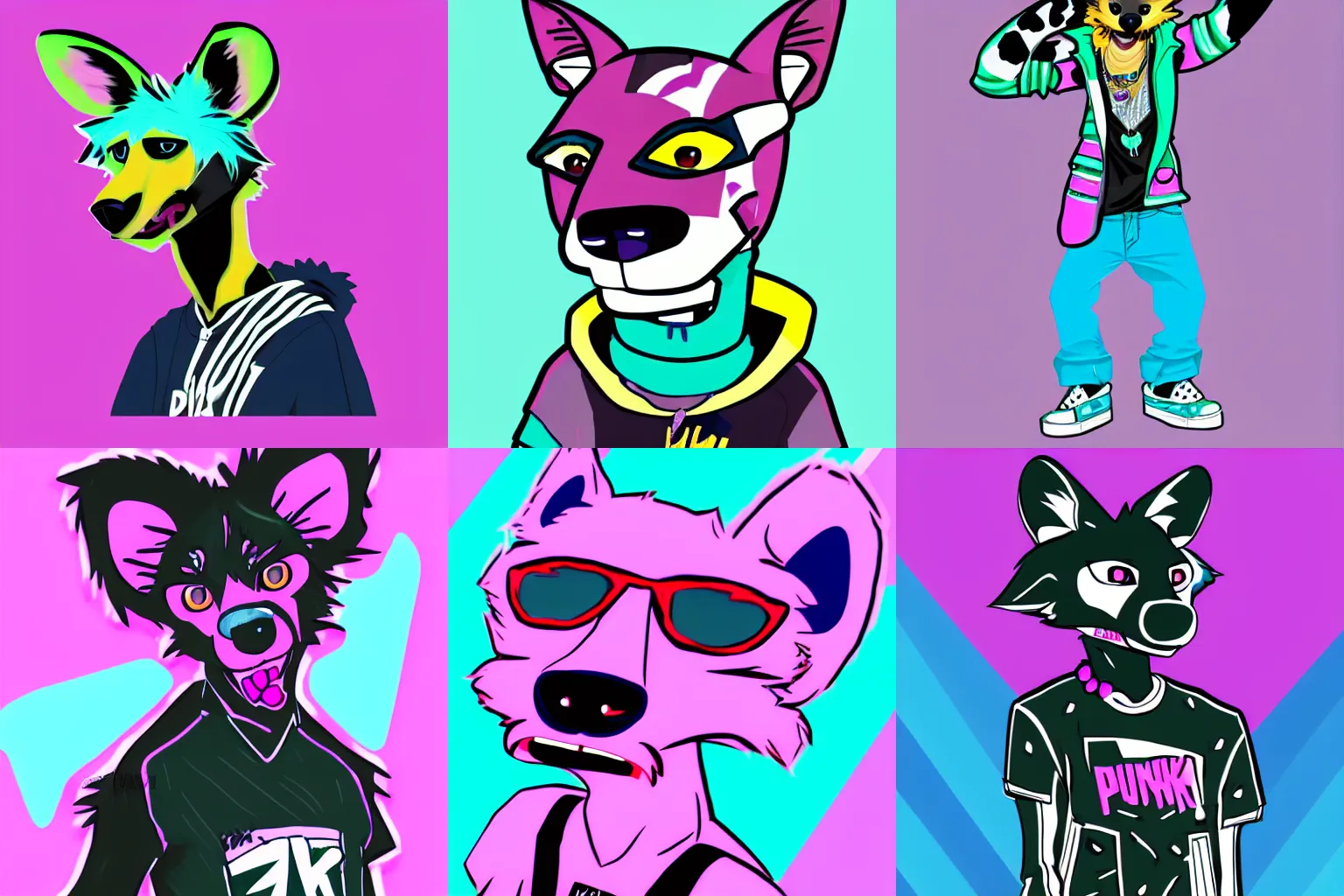 Prompt: furry anthropomorphic painted wild dog fursona wearing skater punk clothes. Trending on Artstation. Flat digital drawing. Vaporwave.