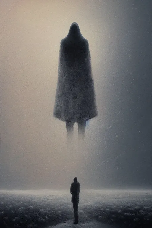 Image similar to a painting of a person standing in the snow, a surrealist painting by zdzisław beksinski and by alena aenami, deviantart, nuclear art, dystopian art, apocalypse landscape, surrealist