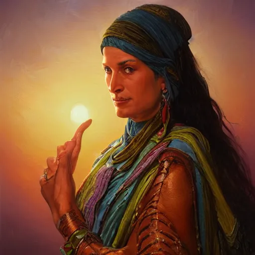 Image similar to portrait of a tunesian woman ( 3 5 ) from tunesia in 2 0 2 1, an oil painting by ross tran and thomas kincade