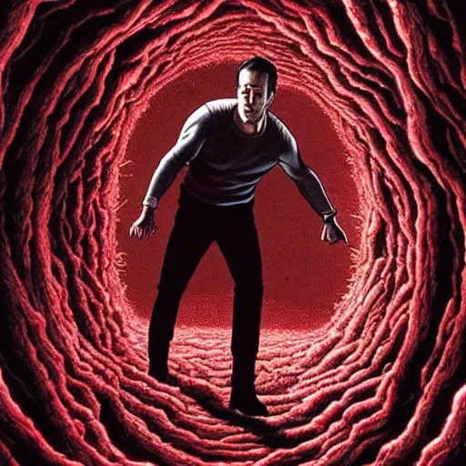 Prompt: ryan reynolds entering a chasm full of unspeakable cosmic horrors, horror, blood red, terrifying atmosphere, atmospheric, by junji ito, 8 k