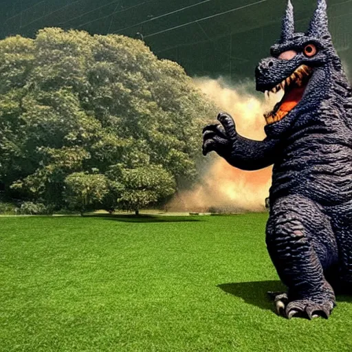 Prompt: godzilla mowing his lawn