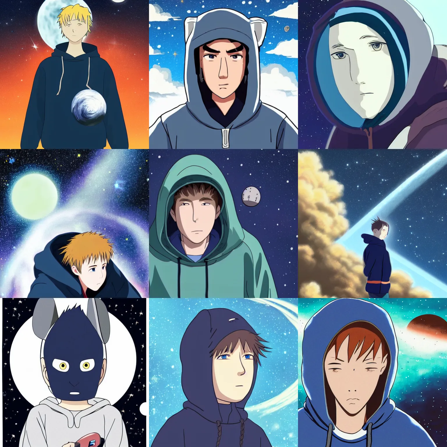Prompt: Spirited away dark blonde guy with blue eyes wearing a hoodie in space, astonishing background, detailed face