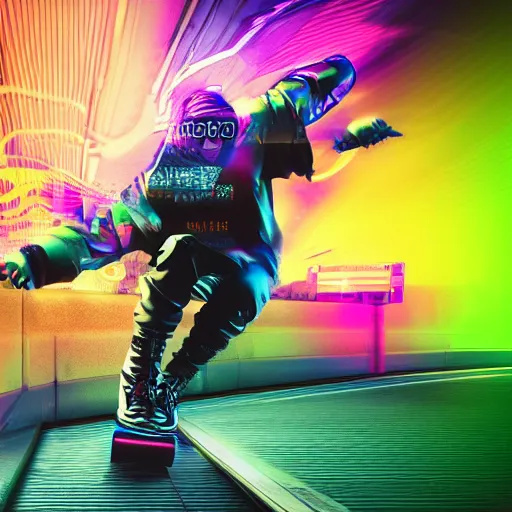 Prompt: action photo of cyberpunk skateboarder, highly detailed, synthwave, vaporwave, motion blur, glitch, datamosh, 8 k, high resolution