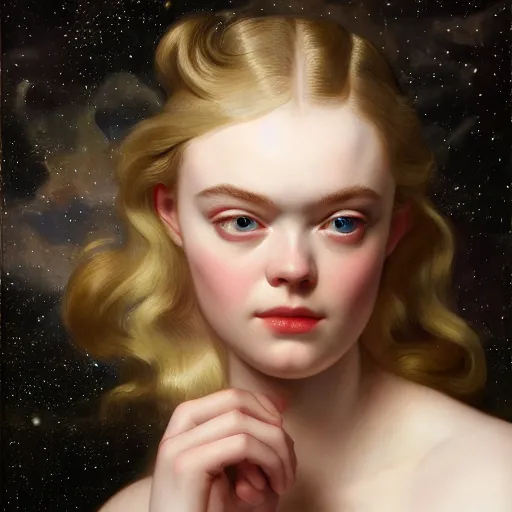 Prompt: leyendecker and peter paul rubens, head and shoulders portrait of a elle fanning, nighttime, starry sky reflection on water, unreal engine, fantasy art by global illumination, radiant light, detailed and intricate environment