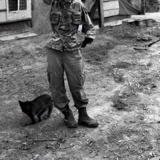 Image similar to a house cat anthropomorphized as an american soldier in the vietnam war