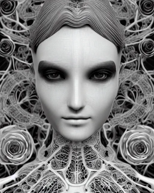 Image similar to mythical dreamy black and white organic bio-mechanical spinal ribbed profile face portrait detail of translucent steampunk beautiful female angelic-human-queen-vegetal-cyborg, highly detailed, intricate crystal ivy jelly ornate, poetic, translucent roses ornate, 3D render, digital art, octane render, 8K artistic photography, photo-realistic, by Dora Maar