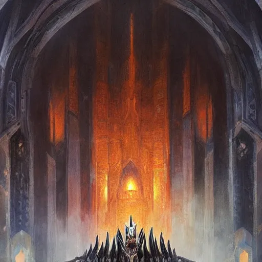 Image similar to Sauron resting in his throne, throne room, oil painting, by Greg Rutkowski