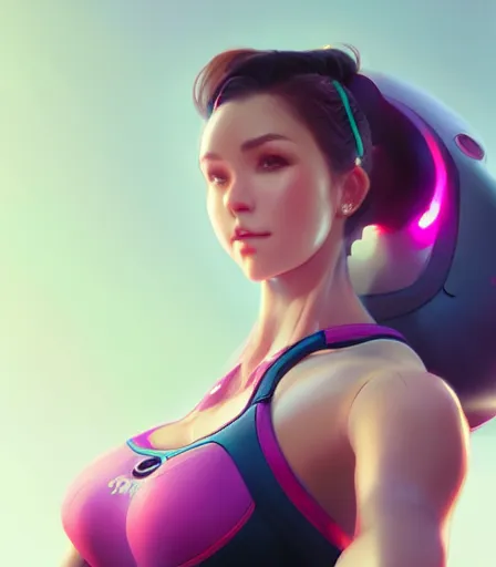 Image similar to beautiful portrait of a gorgeous personal trainer who looks like D. Va , character design by charlie bowater, ross tran, artgerm, and makoto shinkai, detailed, soft lighting, rendered in octane