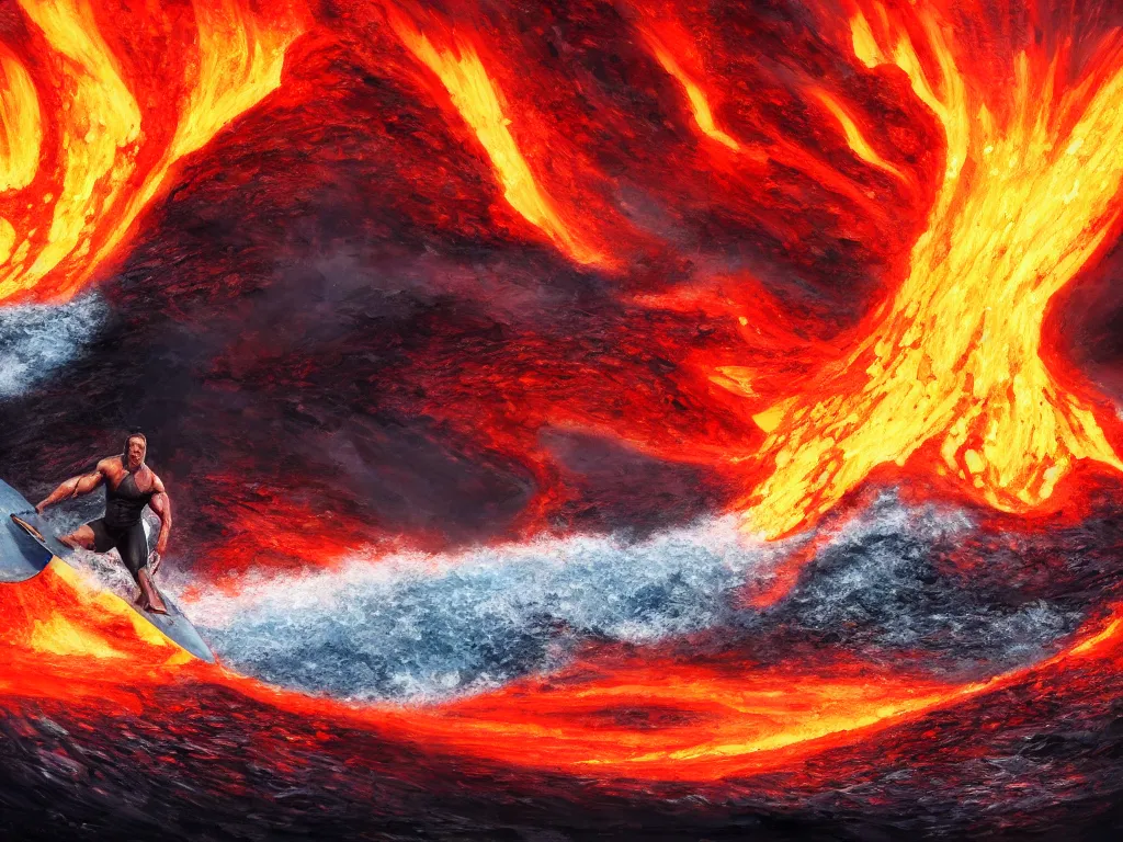 Image similar to arnold schwarzenegger surfing, lava, erupting volcano, muscular, stunning scene, 8 k, extremely detailed digital painting, depth, bright colors, trending on artstation