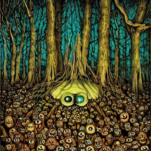 Prompt: horror nightmare psychedelic art illusionary art of forest made of only creepy eyes everywhere schizophrenic visions haunting scary horrifying terrifying anthropomorphic trees bio organic forests james gurney greg rutowski yoji shinkawa apophasis shintaro kago junji ito esoteric hypnogogic ethereal ethereality