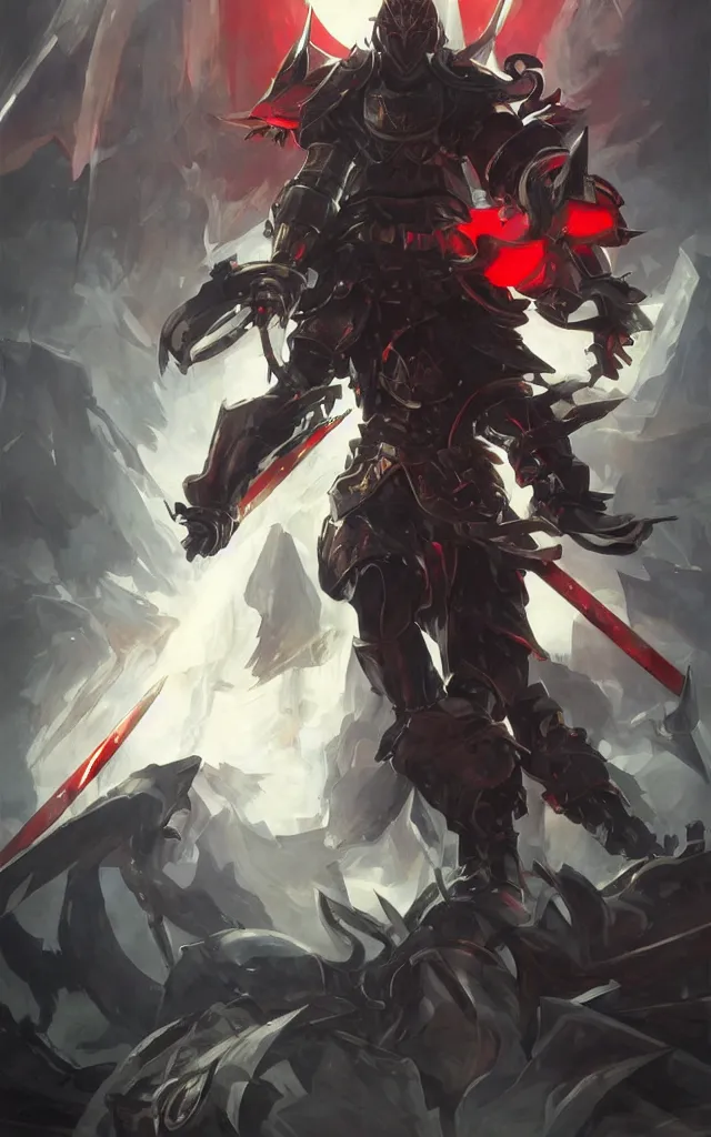 Prompt: Knight with black greatsword and black plate armour, one-eyed, emitting evil red aura, armor merging with body, full body shot, anime style, 90's modern art, art by artgerm and greg rutkowski and alphonse mucha