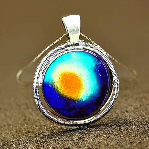 Prompt: a beautiful circular pendant, one half made from sand and the other dirt, encapsuled in glass.