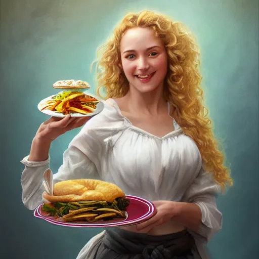 Prompt: epic portrait an poster showing an waitress holding a plate of food and smilling, curly blonde hair, pretty face, glossy skin, digital painting, artstation, concept art, soft light, hdri, smooth, sharp focus, illustration, fantasy, intricate, elegant, highly detailed, D&D, matte painting, in the style of Greg Rutkowski and Alphonse Mucha and artemisia, 8k, highly detailed, jurgens, rutkowski, bouguereau, pastoral, rustic, georgic