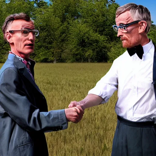 Prompt: walter white and bill nye the science guy shakeing hands in a field, photorealistic