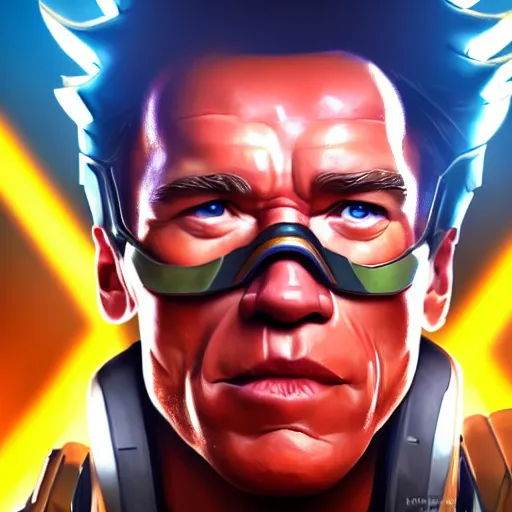 Image similar to a screenshot of arnold schwarzenegger as tracer in overwatch, portrait, fantasy, beautiful face, vivid colors, elegant, concept art, sharp focus, digital art, hyper - realistic, 4 k, unreal engine, highly detailed, hd, dramatic lighting by brom, trending on artstation