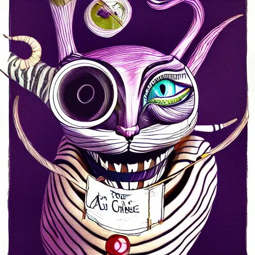 Prompt: graphic illustration, creative design, alice in wonderland as cheshire cat, biopunk, francis bacon, highly detailed, hunter s thompson, concept art
