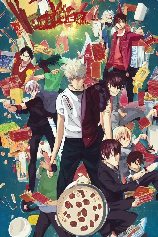 Prompt: manga cover, group of american highschoolers, cereal boxes background, cereal, emotional lighting, character illustration by tatsuki fujimoto, chainsaw man, fire punch