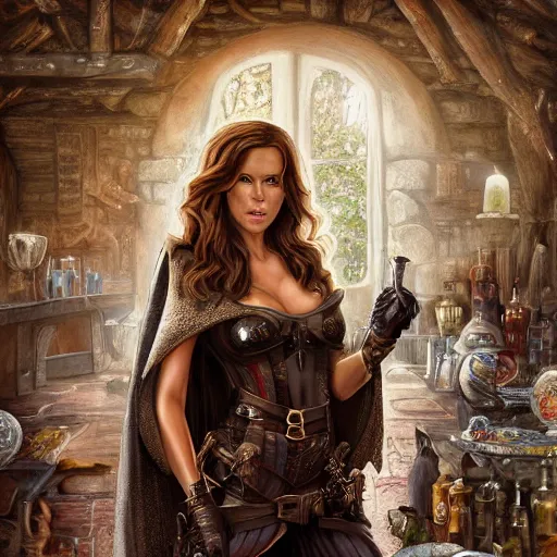 Prompt: kate beckinsale weared as thief smiling, point nose, with knives in bandolier and cloak cape, sit in dark fantasy tavern near fireplace, behind bar deck with bear mugs, lockpicks and pile of gold, medieval dnd, colorfull digital fantasy art, 4k