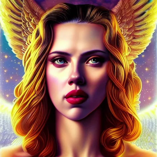 Prompt: cosmic holy angel portrait of scarlett johansson, divine light and clouds, Pixar style, by Tristan Eaton Stanley Artgerm and Tom Bagshaw.