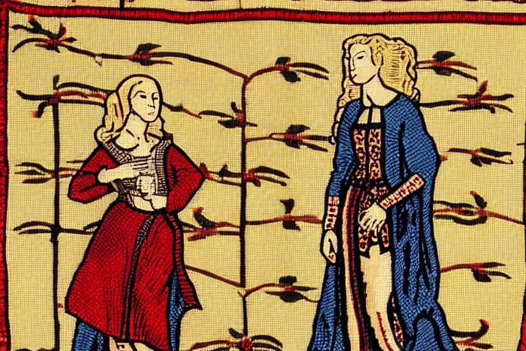 Image similar to a blonde woman wearing medieval tapestry as clothing