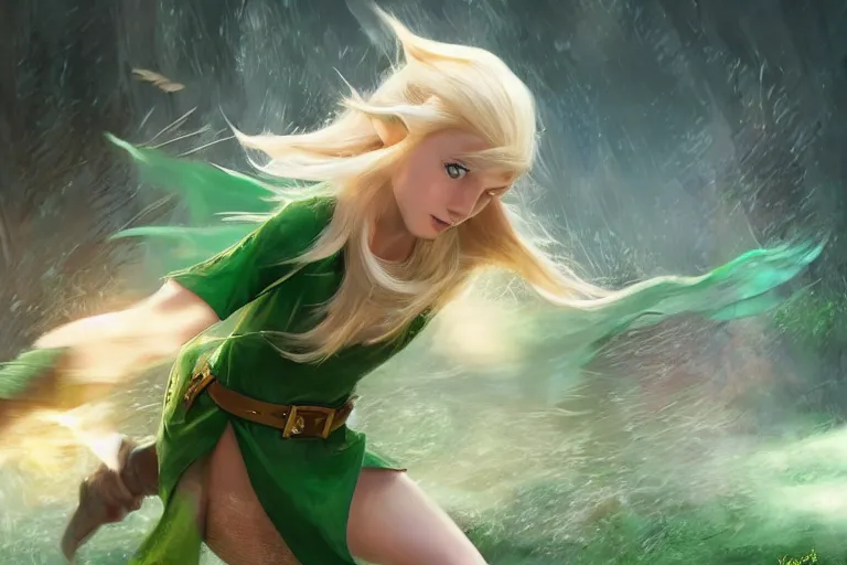 Image similar to a blonde elf wearing a green tunic running away from a flock of white chickens , made by Stanley Artgerm Lau, WLOP, Rossdraws, ArtStation, CGSociety, concept art, cgsociety, octane render, trending on artstation, artstationHD, artstationHQ, unreal engine, 4k, 8k,