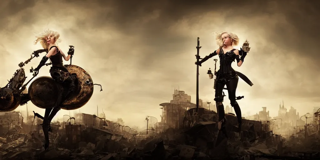 Image similar to a beautiful blond woman riding a giant steampunk ant in a destroyed city, 8 k, moody lighting, shallow depth of field,