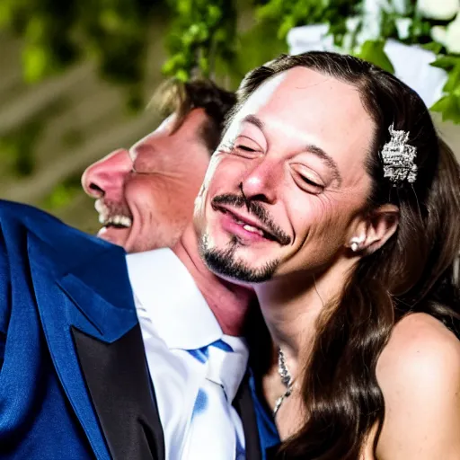 Prompt: snoop dogg french kissing elon musk during their wedding day, in front of paparazzi in church, 8 k, photo, award winning,