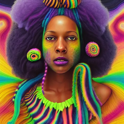 Image similar to a wide angle shot of a black girl with colorful dreadlocks in a field of candy, by Adi granov and afarin sajedi and amanda sage and evgeni gordiets and Agostino Arrivabene and adonna khare in a psychedelic portrait style, ultrarealistic matte painting, volumetric lighting, fractal, extremely symmetrical, highly detailed face, orisha, 8k, hd