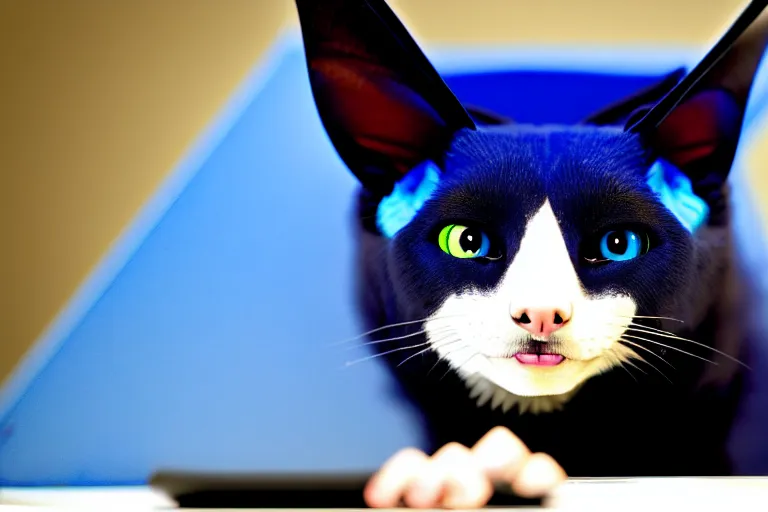 Image similar to a blue - and - black male catbat fursona with blue / green heterochromatic eyes and huge bat ears, photo of the catbat on his computer