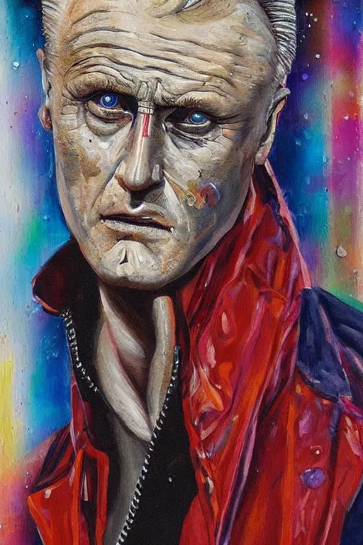 Image similar to a painting that asks the viewer to question the very purpose of life when all memories will be lost in time like tears in the rain, the replicant roy batty is capable of showing more empathy than his human creators, in the style of blade runner, ridley scott