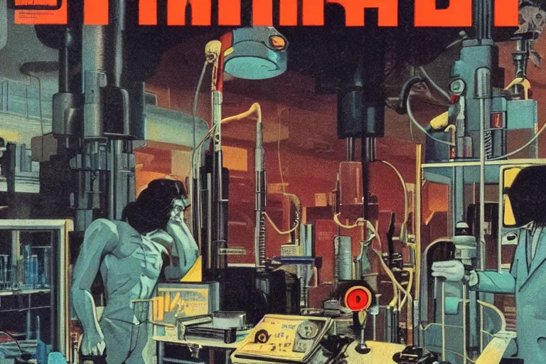 Prompt: 1979 OMNI Magazine Cover depicting a Mr Hyde standing in a laboratory. Cyberpunk Akira style by Vincent Di Fate