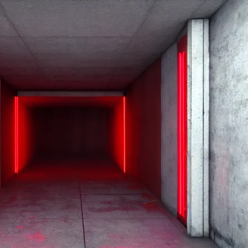 Prompt: a bunker door surrounded by red lights, 3d render, unreal engine style, ray tracing, high detail