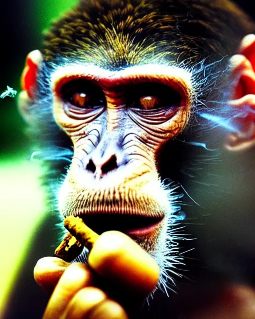 Prompt: an award winning photography of a stoned monkey smoking a blunt of weed, marijuana, smoke, cinestill 800t