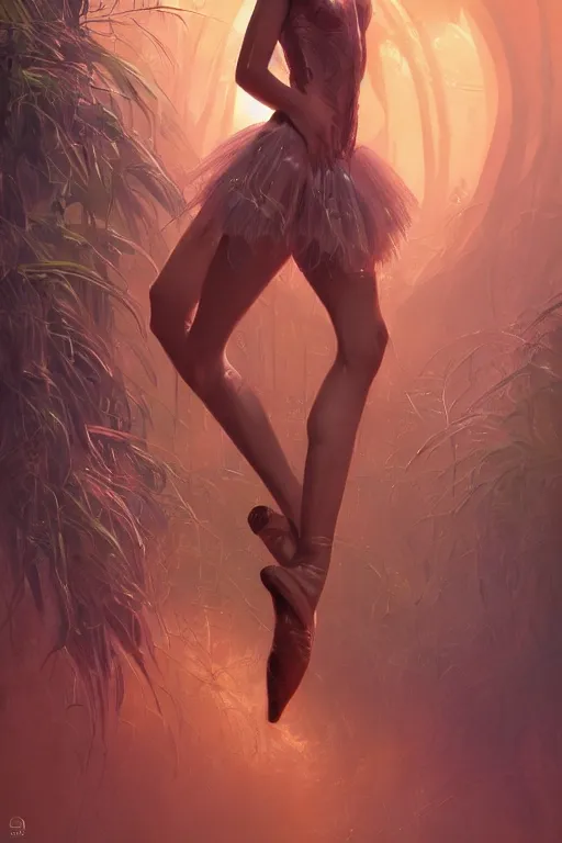 Image similar to stunningly beautiful, cyber prima ballerina in jungle, symmetrical face, golden hour, smooth, focus, highly detailed, hyper realistic, dramatic lighting, elegant, intricate, concept art, art by wlop, mars ravelo, greg rutowski, artstation