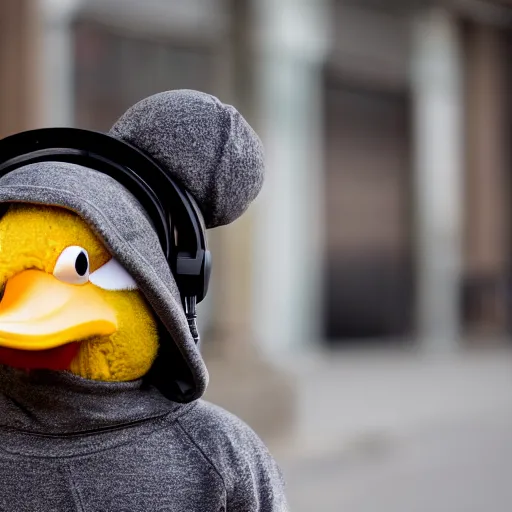 Image similar to an anthropomorphic duck wearing a hoodie and headphones giving a thumbs up