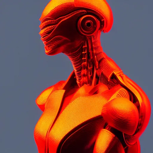 Image similar to military - grade, industrial, portrait of glowing, warm, sharp edges, sleek contours, textured, reddish, atmospheric, misty, leds, futuristic cybernetic warrior alien in profile, highly intricate, detailed humanoid in a volumetric lighting warehouse, trending on artstation