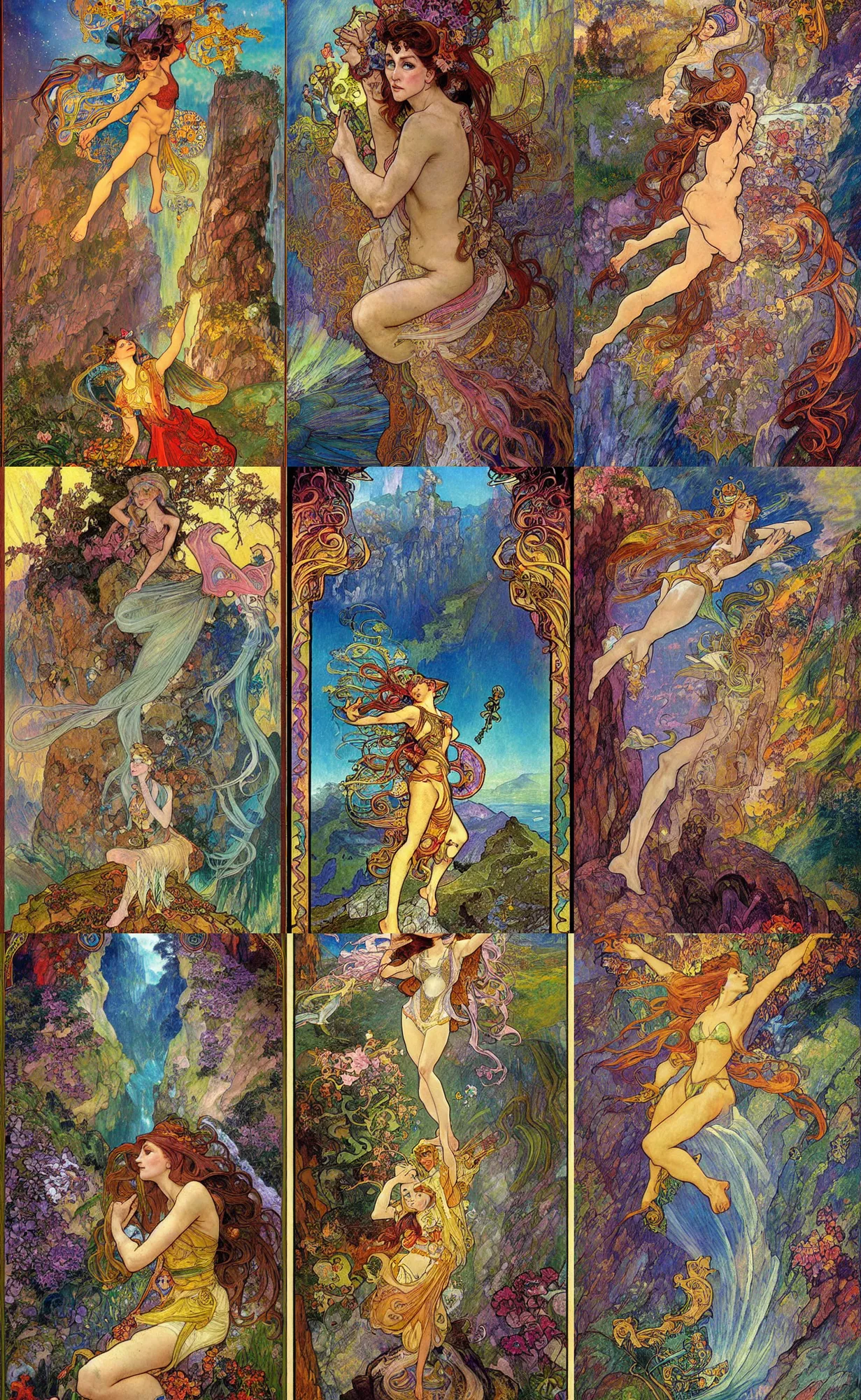 Prompt: art for the fool tarot card, cliff - face on right side of image fairy in top - right quadrant of image flying off the edge of the cliff, magic realism, fantasy, art by josephine wall, league of legends splash art, art by alphonse mucha