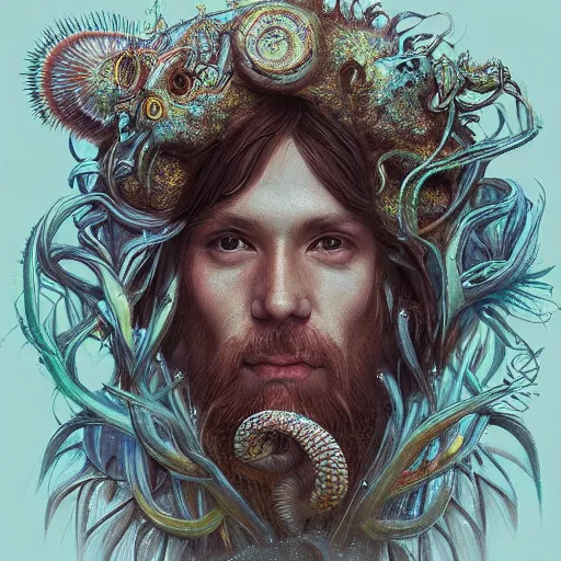 Image similar to “druid portrait by mandy jurgens, andy warhol, ernst haeckel, james jean, artstation”