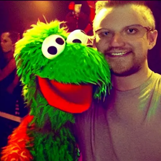 Image similar to selfie of elmo out clubbing with big bird and oscar the grouch