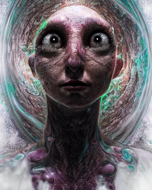 Prompt: realistic portrait of a creature experiment gone wrong, opened portal, psychedelic, dark art, facing camera, photo realistic, detailed, 1 4 5 0, delicate, hyper realism, ultra realistic, 8 k