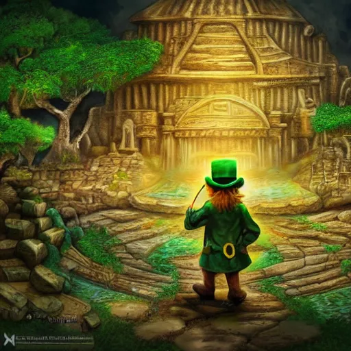 Image similar to a leprechaun discovering a lost city made of gold, digital art, trending on artstation, hdr, super detailed