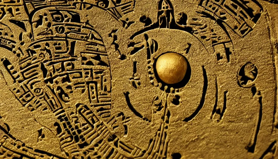 Image similar to hieroglyphs showing ufos alien planets, gold plate render, various refining techniques, micro macro auto focus, top photography photo art gallery, realistic photo, insane detail