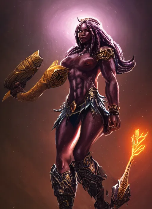 Image similar to a highly detailed illustration of an amazon heroine berserker african god of lightning, muscular, thunderous sky background, intricate, elegant, highly detailed, centered, digital painting, artstation, concept art, smooth, sharp focus, league of legends concept art, WLOP