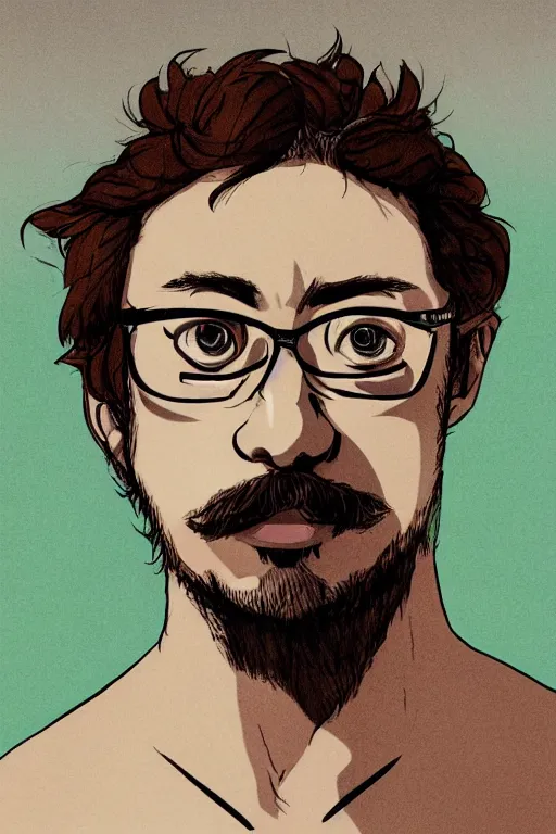 Image similar to portrait of Sam Hyde in the style of Studio Ghibli, warrior, close-up, sigma male, rule of thirds, award winning photo, highly detailed features,