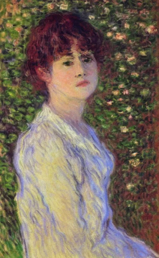 Prompt: portrait by claude monet!! of a woman!! looking at us, brown short hair, slight blush on face! forest!!!