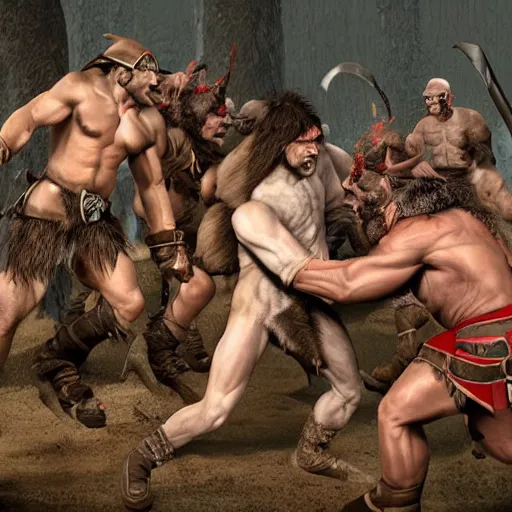 Image similar to justin trudeau in a fighting pit with orcs, fantasy, HD,