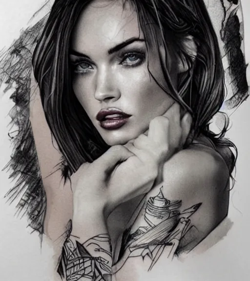 Image similar to double exposure effect tattoo design sketch of megan fox with beautiful mountain scenery, realism tattoo, in the style of matteo pasqualin, amazing detail, sharp