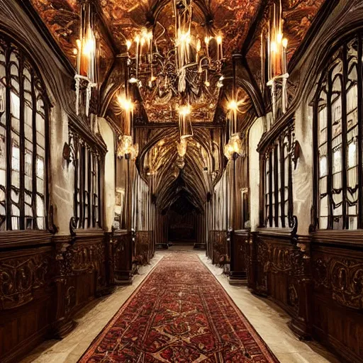 Prompt: gothic hall with large chandeliers under the ceiling, horror style